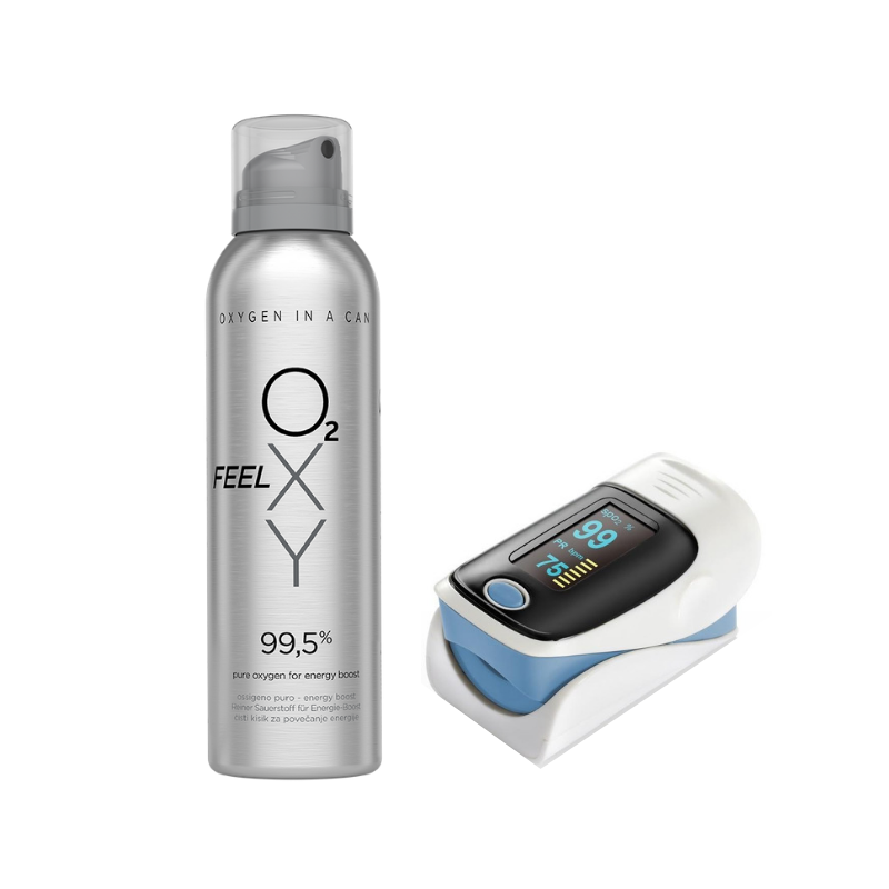 Indskrive klient legeplads PACKAGE OF STANDARD CAN WITH 3 L OF BOTTLED OXYGEN AND BLUE PULSE OXlMETER  - FeelOXY
